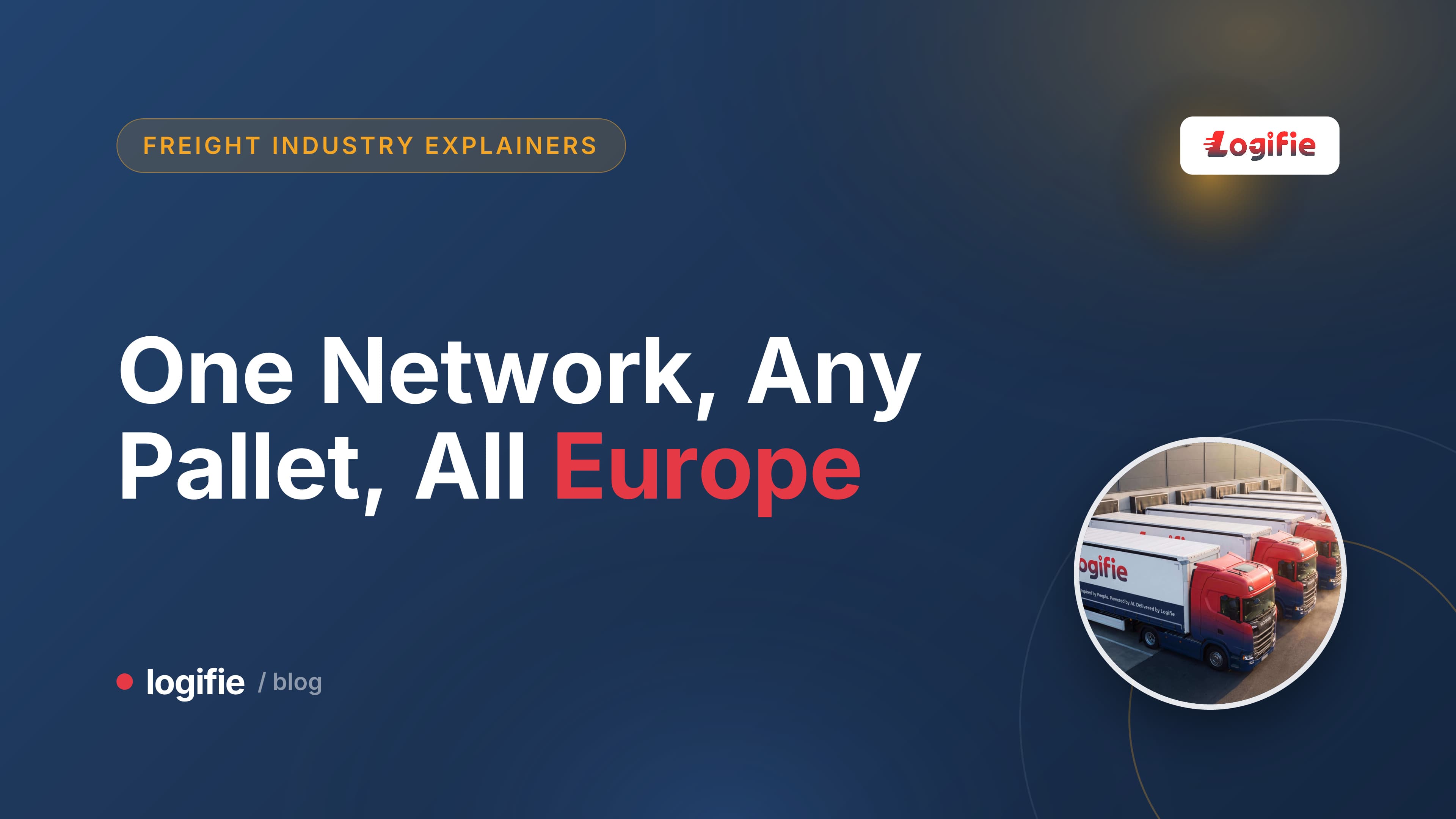Hub-and-spoke pallet network diagram showing a central sorting depot connected by truck routes to multiple European city warehouses, clean editorial illustration style