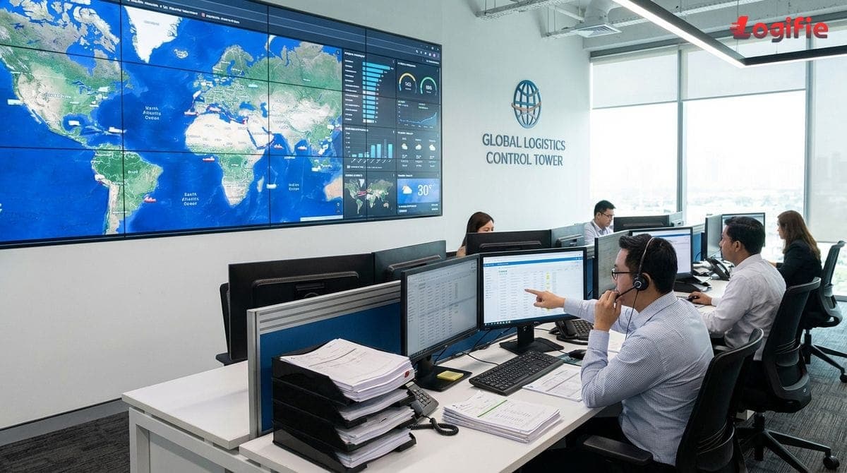 Freight forwarder's control tower with live dashboards, maps and paperwork being processed