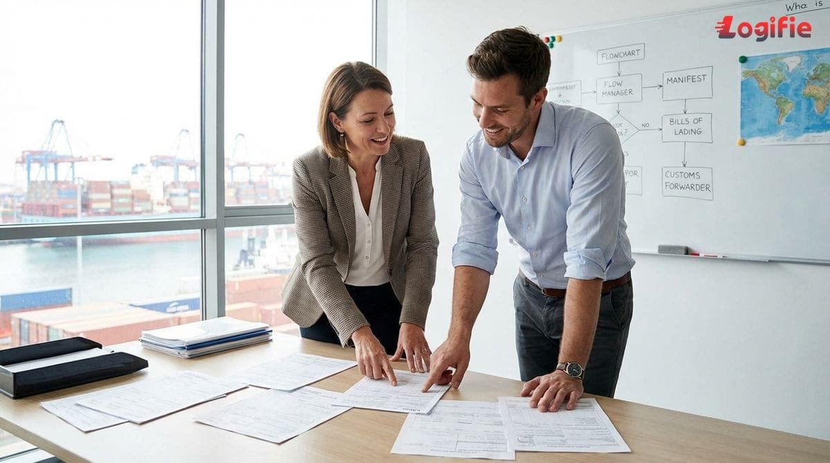 Logistics manager and freight forwarder review shipment paperwork together in an office