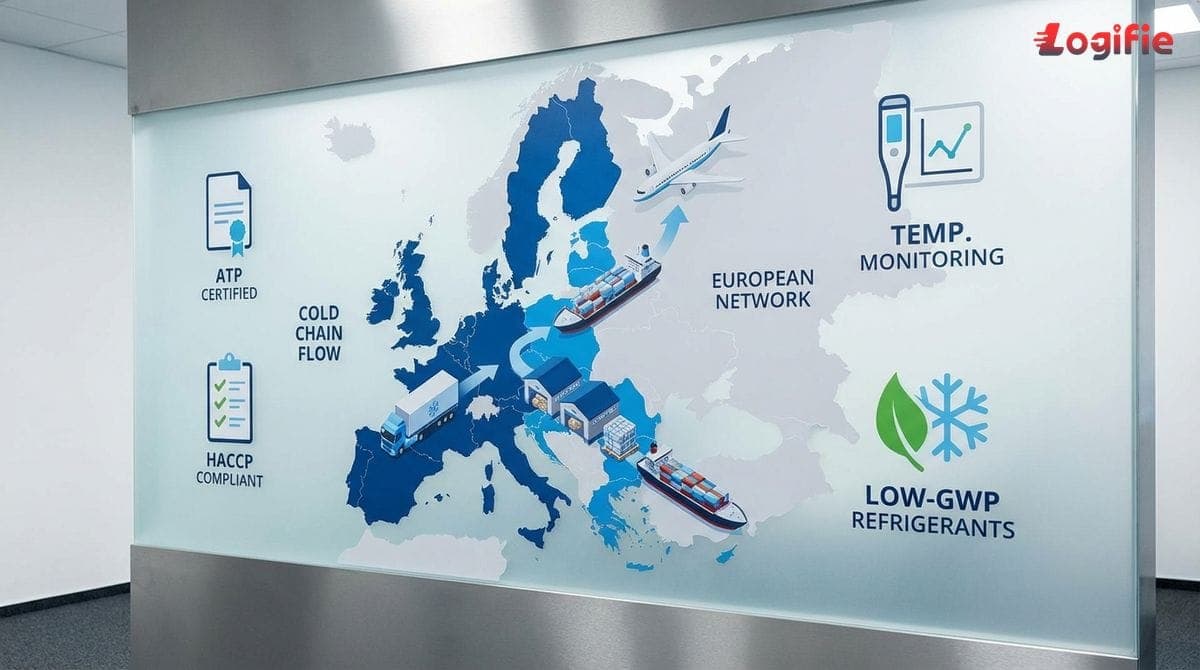 illustrasjon som viser en kjølekjedelogistikkflyt i Europa, inkludert ikoner for ATP-sertifikater, HACCP-prosedyrer, temperaturovervåking og lav-GWP-kjølemidler.