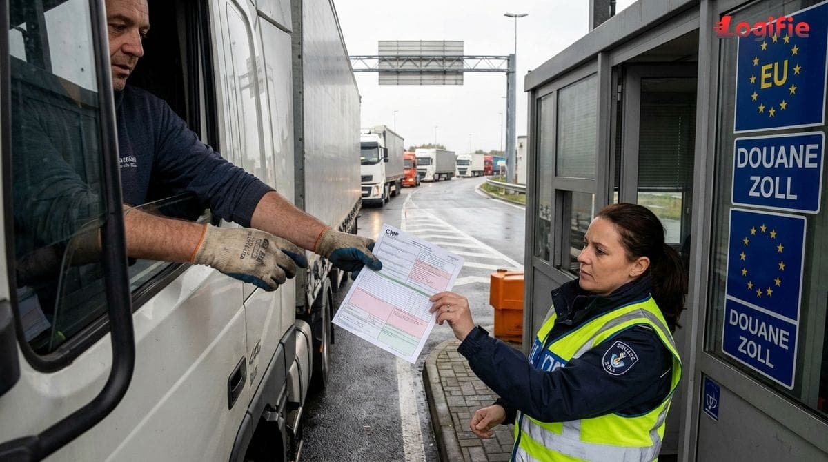 Driver hands a CMR consignment note to customs staff at a European border gate