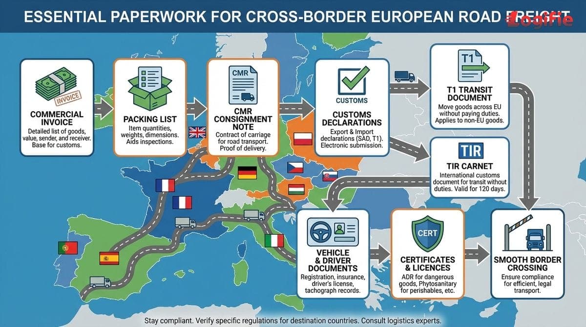 Infographic summarising the essential paperwork for cross-border European road freight