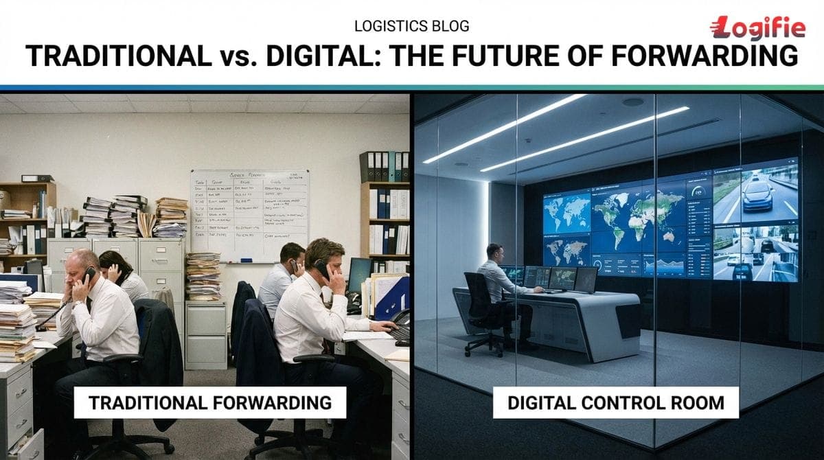 Geteilte Szene: papierlastiges Traditionsbüro neben einem schlanken digitalen Leitstand