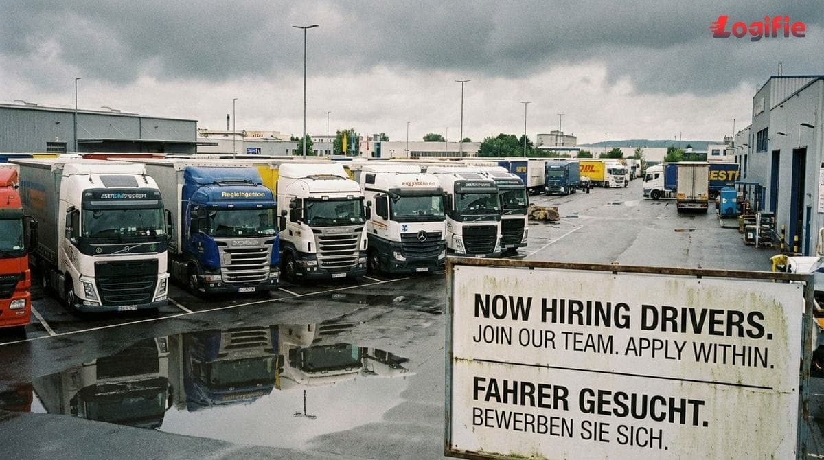 Rij geparkeerde trekker-opleggercombinaties op een Europees truckparking met een zichtbaar wervingsbord voor chauffeurs.