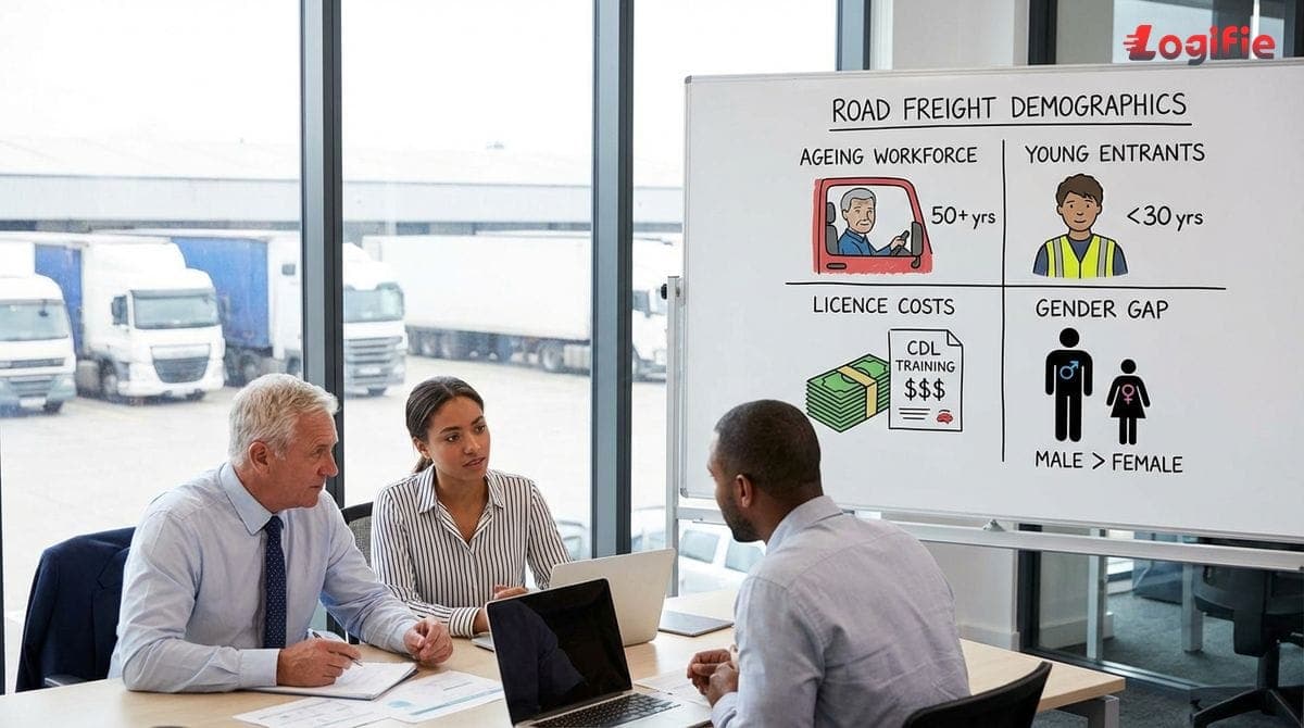 Illustration, der viser den demografiske fordeling i vejtransport: ældre chauffører, unge i opstart, omkostninger til kørekort og kønsfordeling.