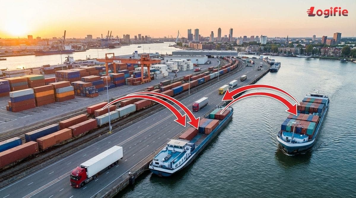 Foto van een Europees intermodaal terminal met een goederentrein die containers van vrachtwagens laadt, met kranen op de achtergrond.