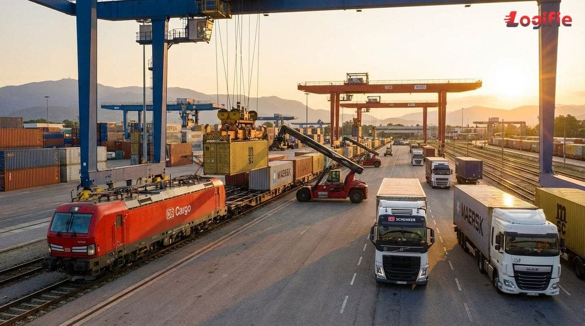 Europæisk intermodalterminal, hvor et godstog læsser containere fra lastbiler, med kraner i baggrunden.