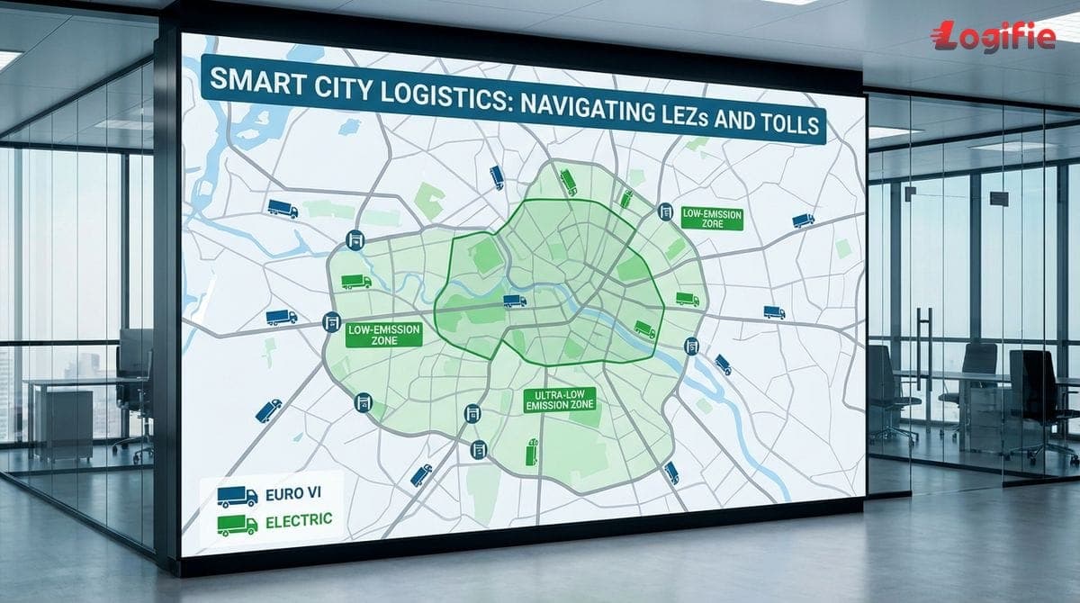 Illustratie van een Europese stadskaart met gemarkeerde lage-emissiezones, tolpoorten en gekleurde vrachtwagens voor Euro VI en elektrische voertuigen.