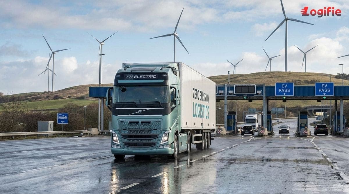 Camión pesado eléctrico pasando por un peaje en una autopista europea con aerogeneradores al fondo.