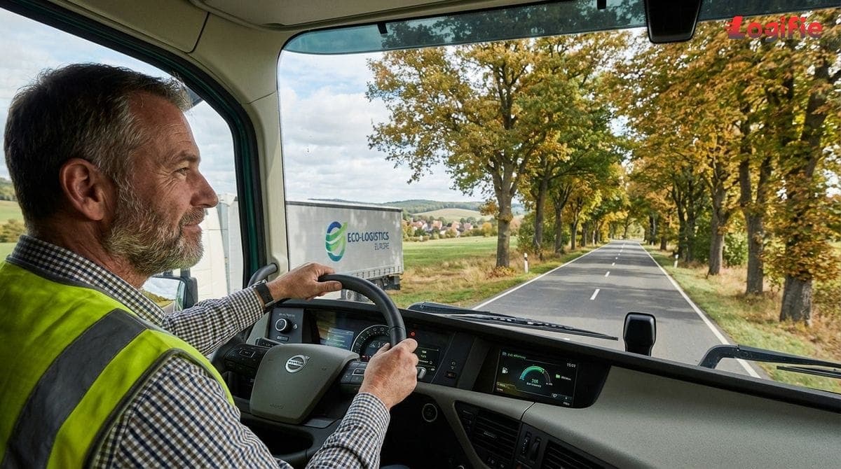 Vrachtwagenchauffeur past vloeiende eco-driving toe op een met bomen omzoomde Europese weg