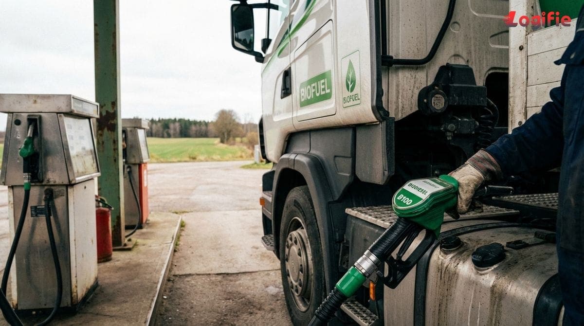 Close-up van een truck die biodiesel tankt bij een landelijke pomp