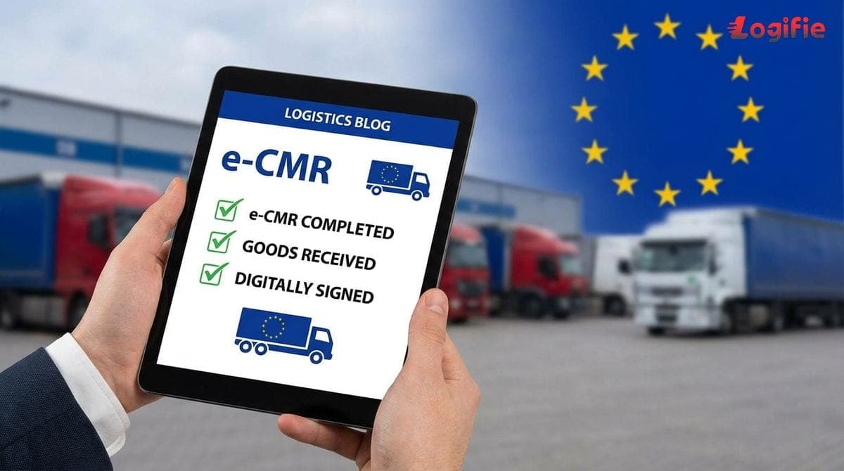 Tablet met een elektronische vrachtbrief (e-CMR) met vinkjes en een vrachtwagenpictogram, tegen een achtergrond met EU-sterren.
