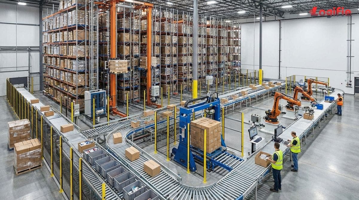 Illustration af forskellige automatiseringsteknologier i et lager: AS/RS-systemer, transportbånd, palleteringsrobotter og plukkerobotter.